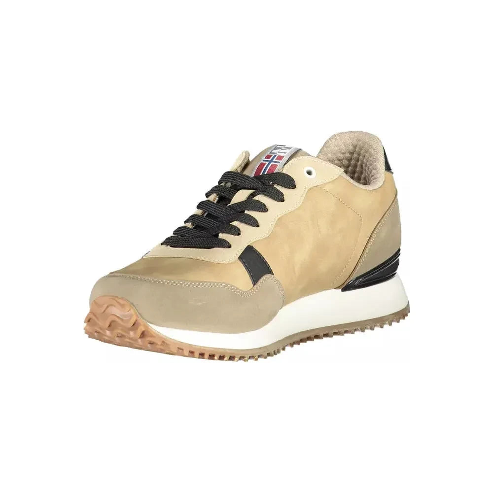 Beige Lace-Up Sports Sneakers with Logo Accent