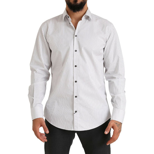 Elegant White Striped Cotton Dress Shirt