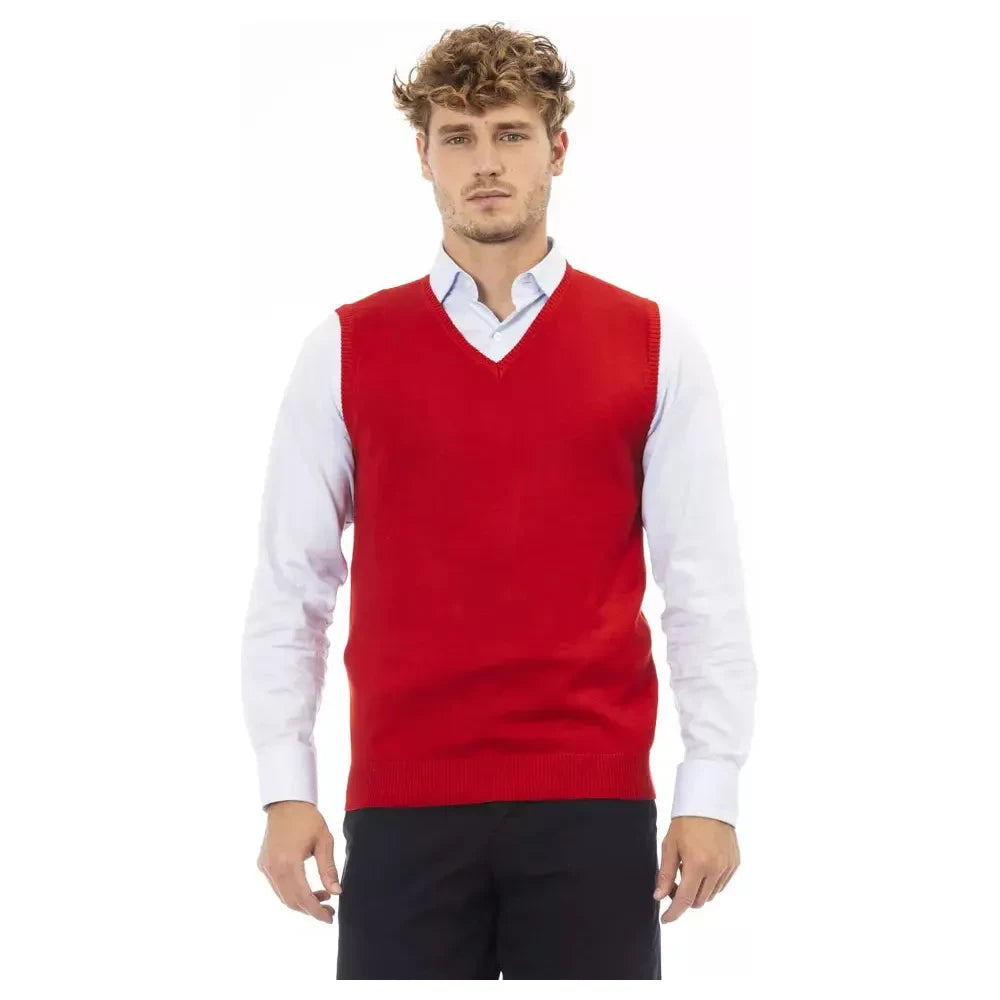 Elegant V-Neck Red Vest in Fine Rib Knit