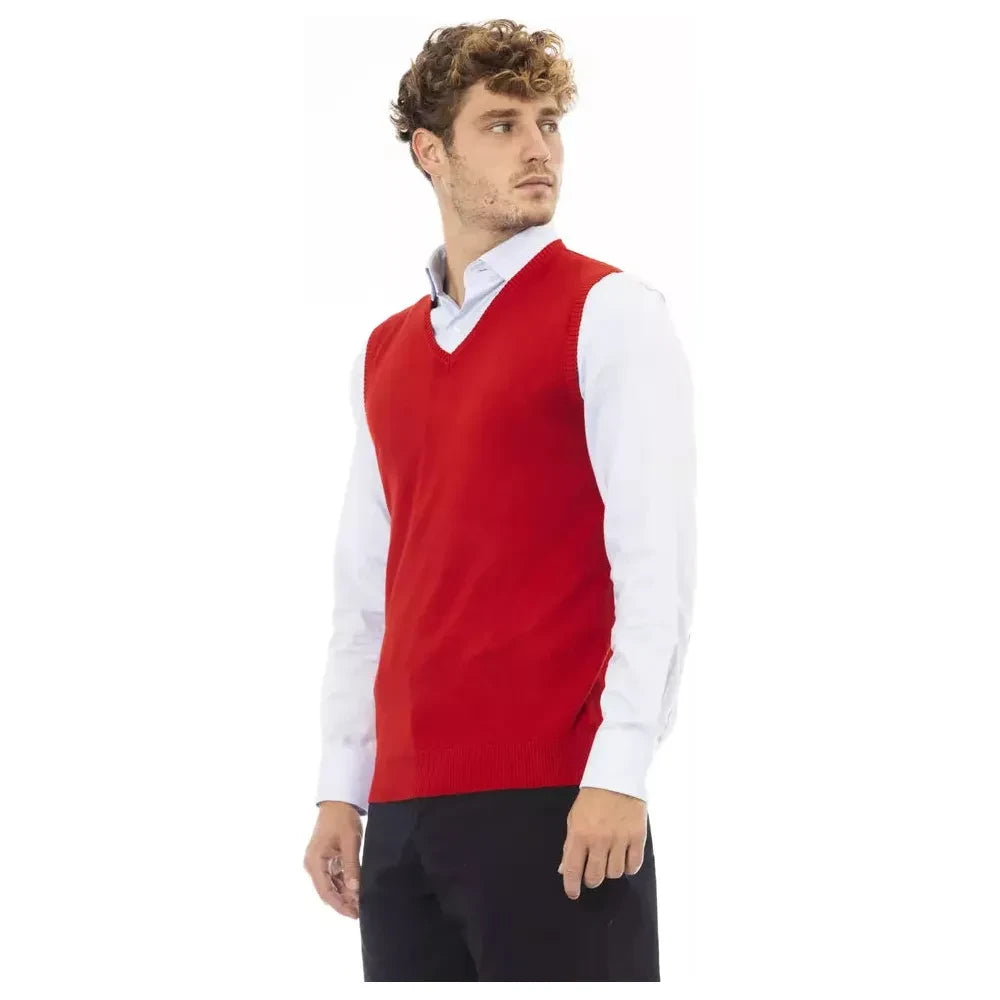 Elegant V-Neck Red Vest in Fine Rib Knit