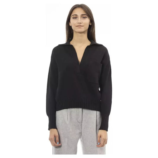 Elegant V-Neck Black Sweater with Ribbed Trims