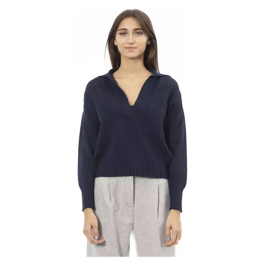 Alpha Studio Chic V-Neck Wool Blend Sweater in Blue Alpha Studio