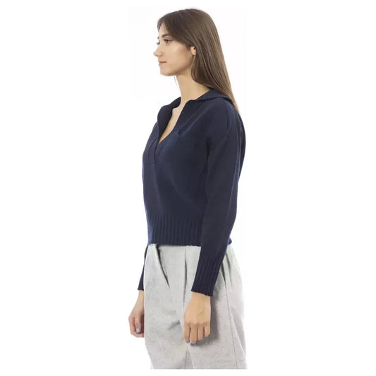 Alpha Studio Chic V-Neck Wool Blend Sweater in Blue Alpha Studio