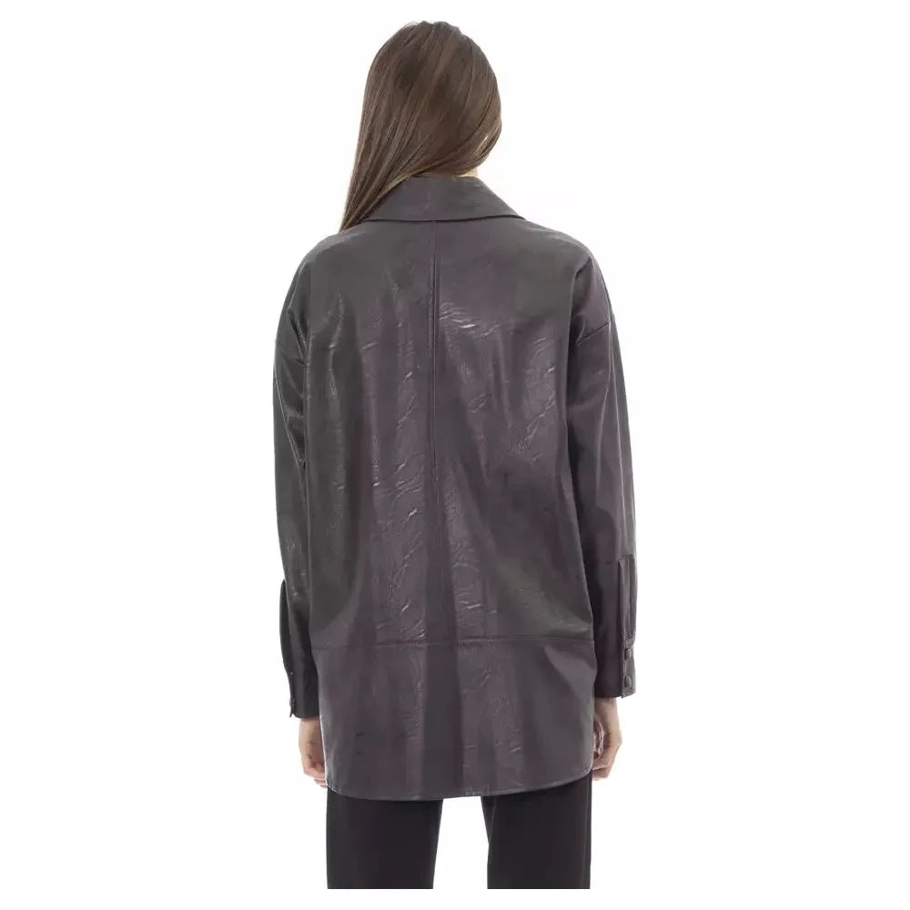 Chic Brown Leatherette Shirt with Pocket Detail