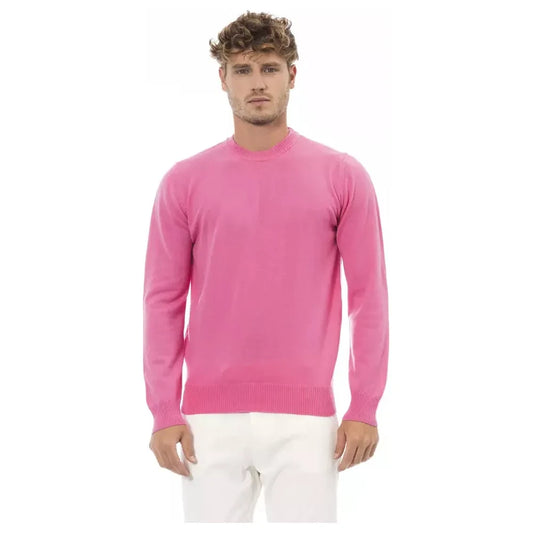 Chic Pink Crewneck Sweater with Fine Rib Detailing