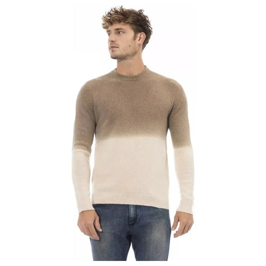 Beige Crewneck Sweater with Ribbed Details