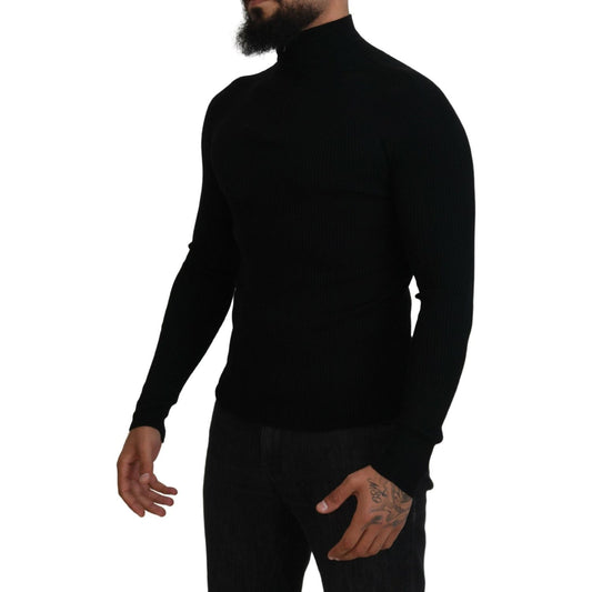 Elegant Black Wool Half Zip Turtleneck Sweater