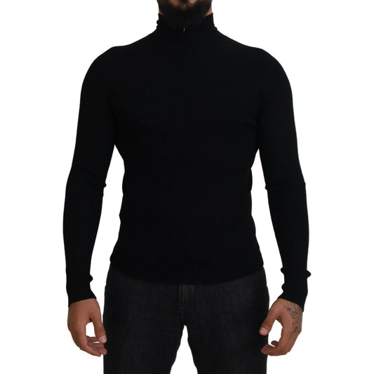 Elegant Black Wool Half Zip Turtleneck Sweater