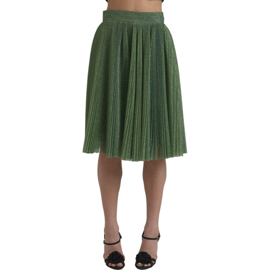 Enchanting Metallic Green Pleated A-Line Skirt