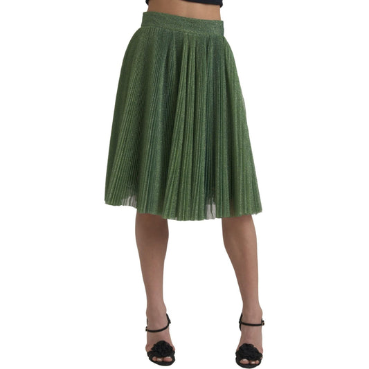 Enchanting Metallic Green Pleated A-Line Skirt