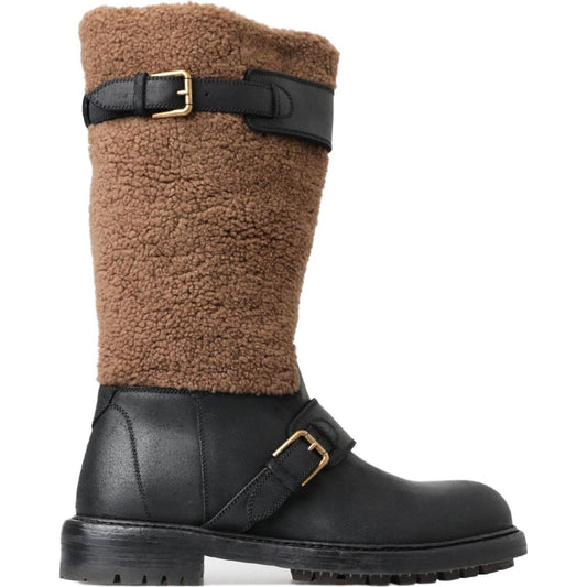Dolce & Gabbana Black Leather Brown Shearling Boots