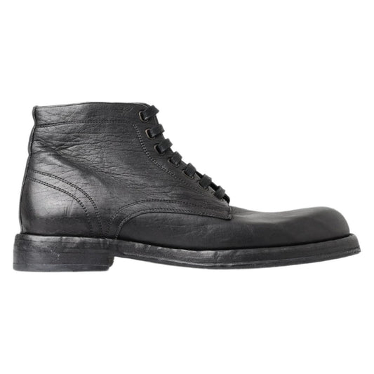 Equisite Black Lace-Up Leather Boots