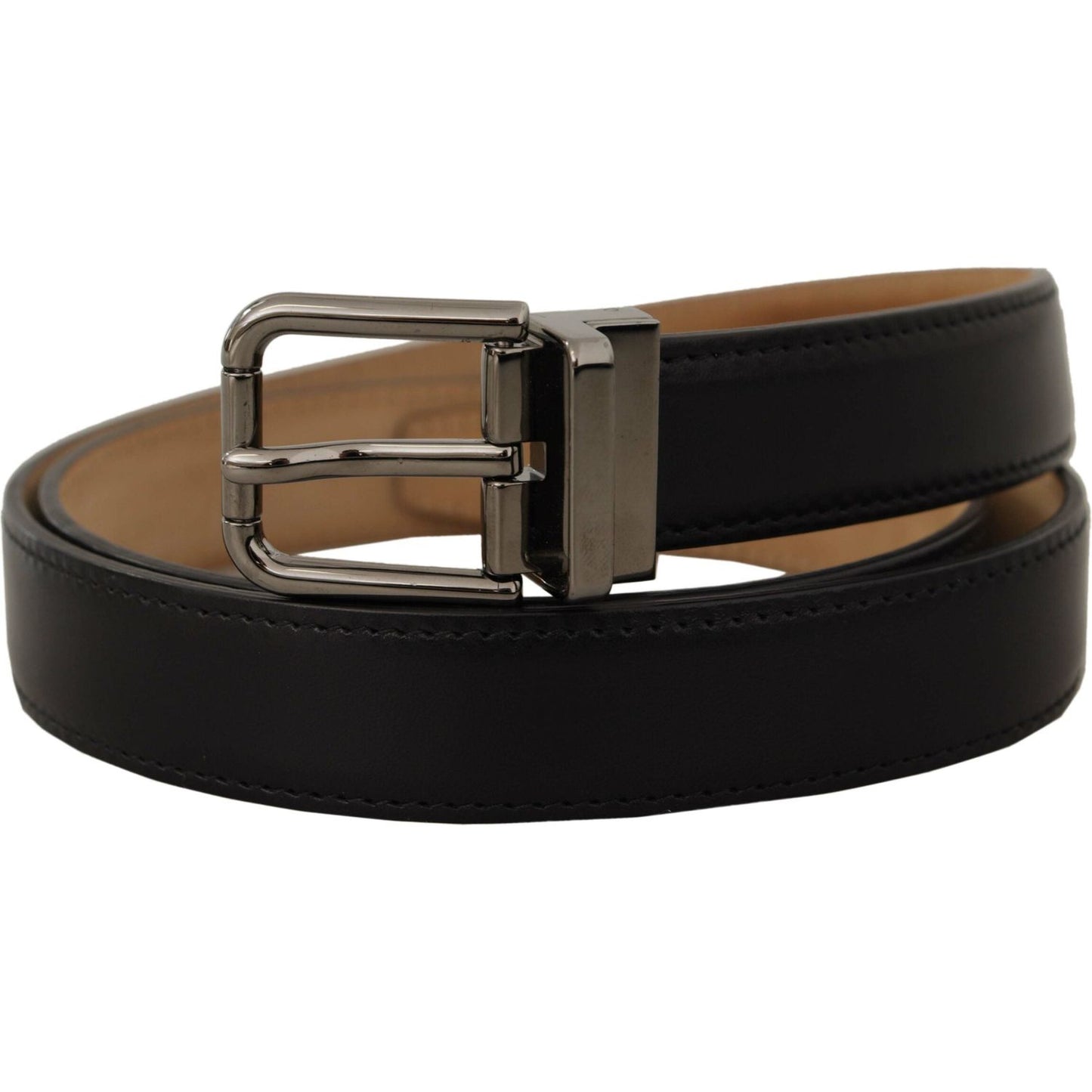 Dolce & Gabbana Black Calf Leather Logo Engraved Metal Buckle Belt
