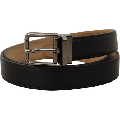 Dolce & Gabbana Black Calf Leather Logo Engraved Metal Buckle Belt