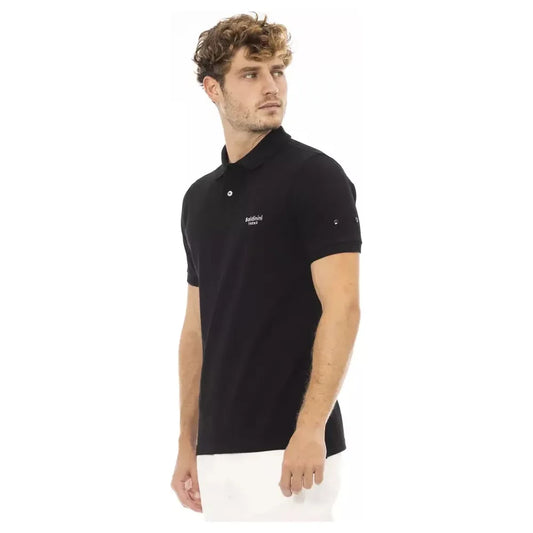 Sleek Black Cotton Polo with Elegant Embroidery