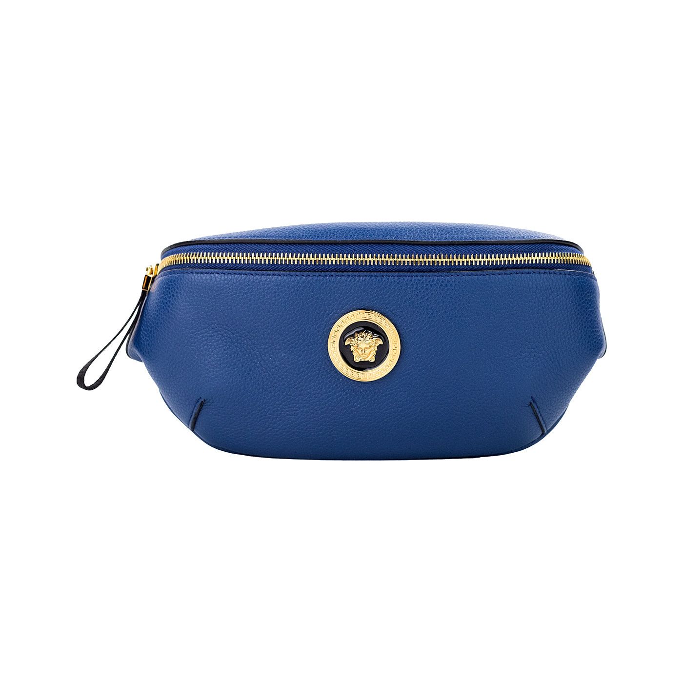 Small Navy Calf Leather Medusa Pendant Fanny Waist Pack Belt Bag