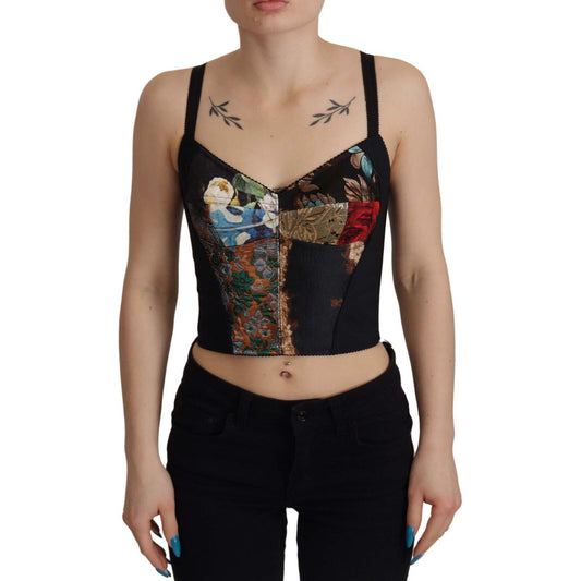 Dolce & Gabbana Black Patchwork Sicily Blouse Corset Cropped Top Dolce & Gabbana