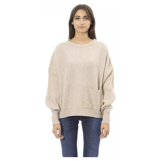 Baldinini Trend Chic Beige Crew Neck Cashmere Blend Sweater Baldinini Trend