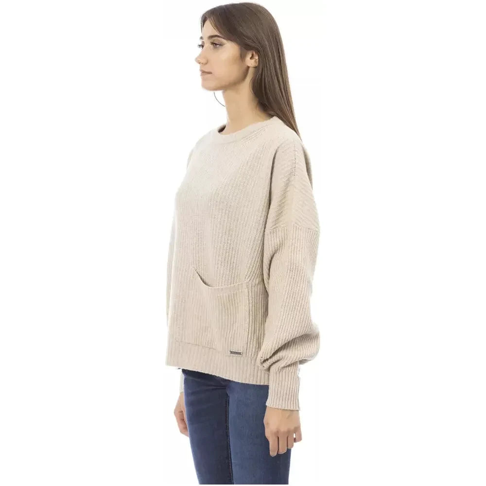 Chic Beige Crew Neck Cashmere Blend Sweater