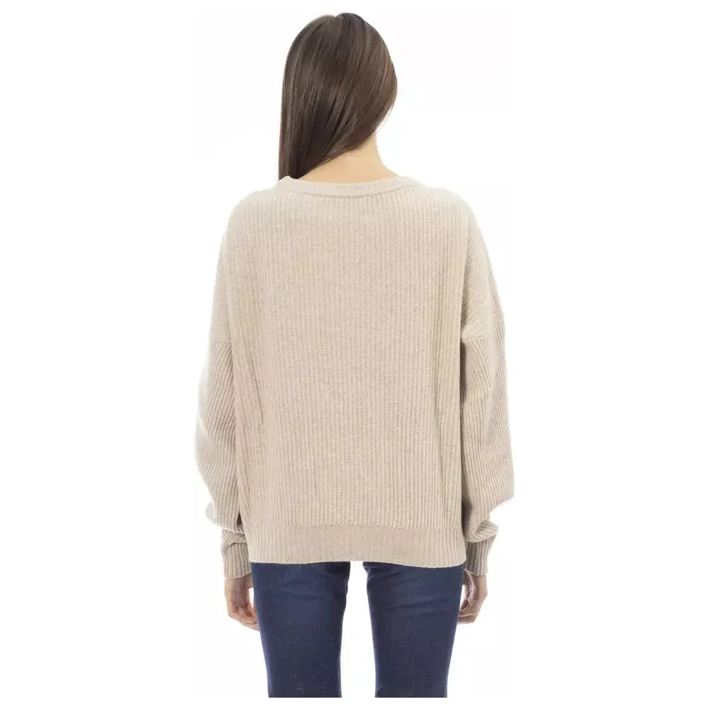 Chic Beige Crew Neck Cashmere Blend Sweater