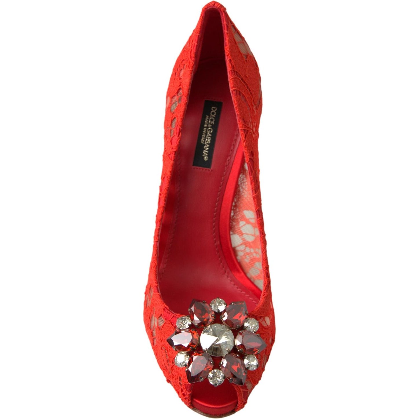 Chic Red Lace Heels with Crystal Embellishment