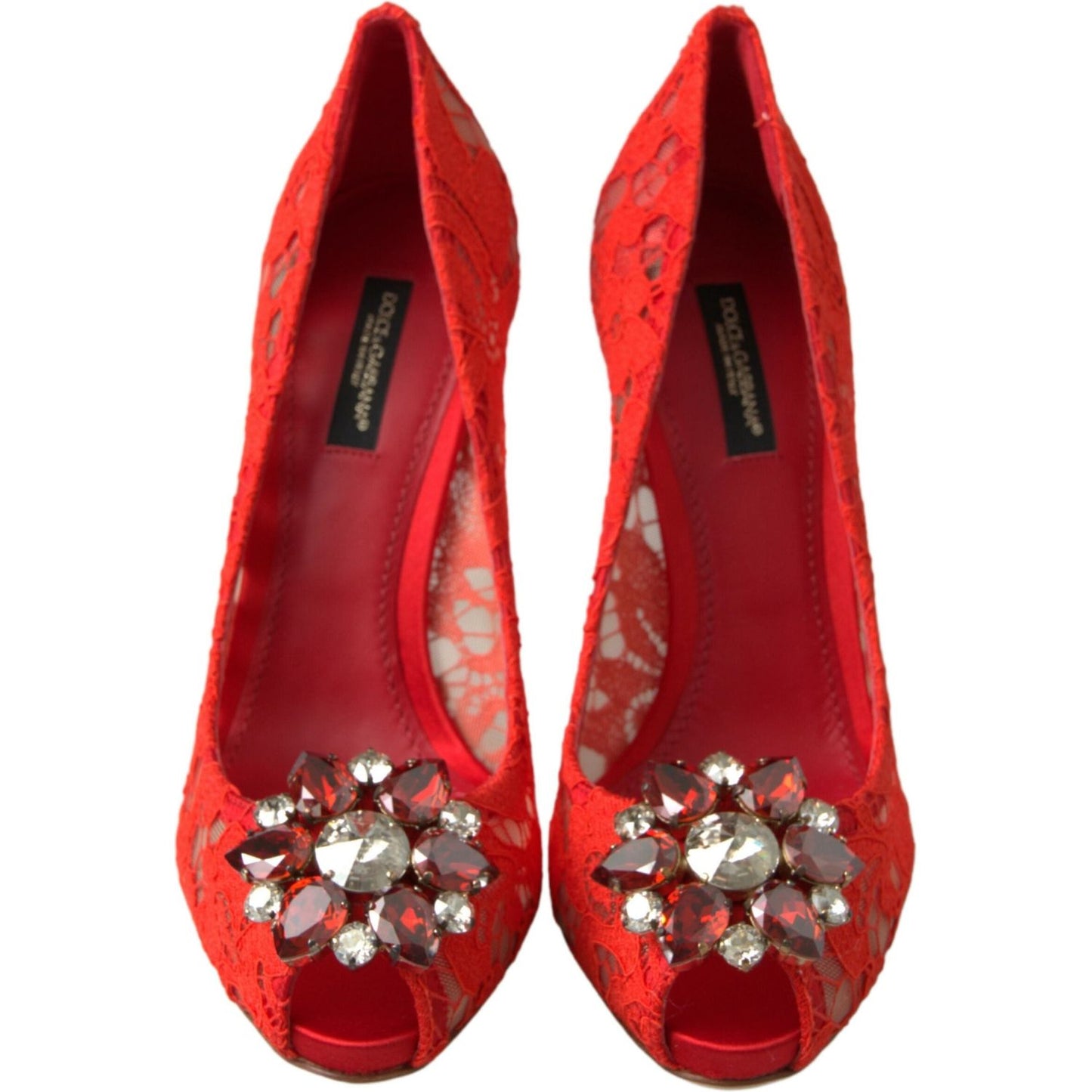 Chic Red Lace Heels with Crystal Embellishment