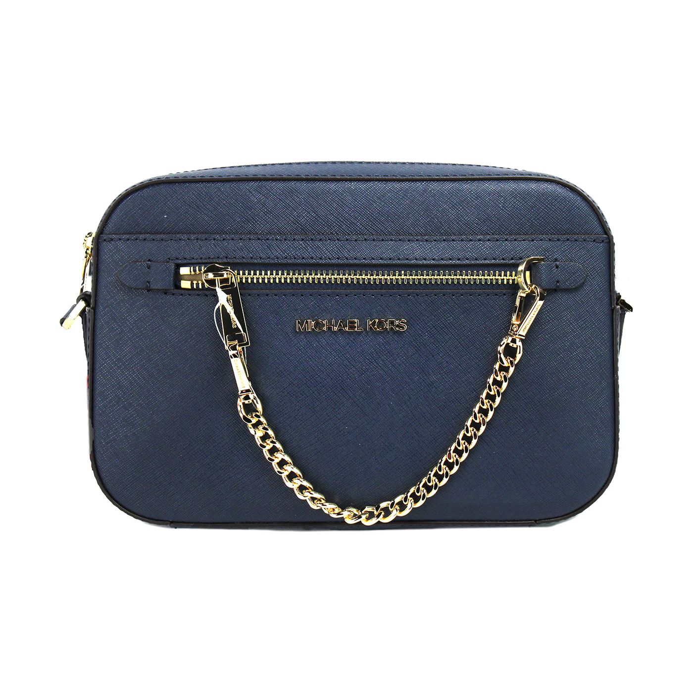 Jet Set Large East West Navy Leather Zip Chain Crossbody Bag Purse