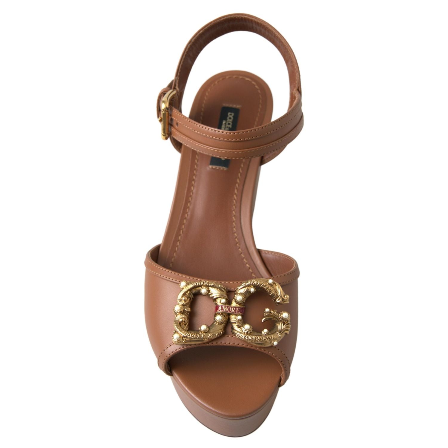 Dolce & Gabbana Brown Leather AMORE Wedges Sandals Shoes