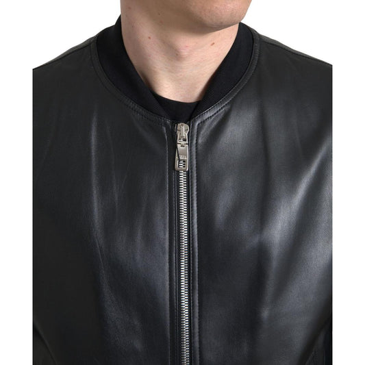 Elegant Black Leather Bomber Jacket