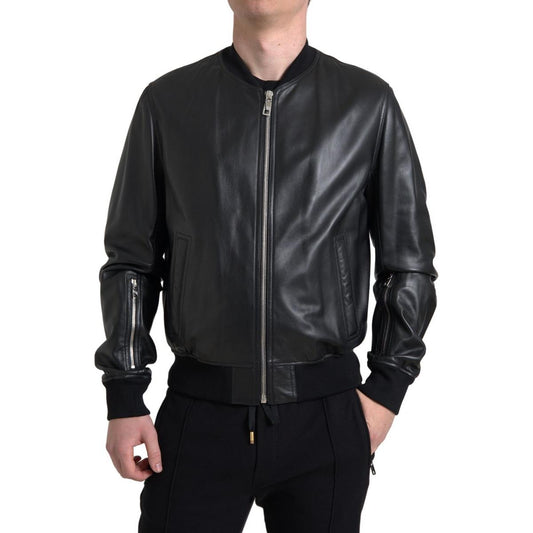 Elegant Black Leather Bomber Jacket