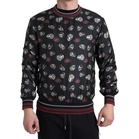 Elegant Silk Crewneck Pullover - Black Multicolor