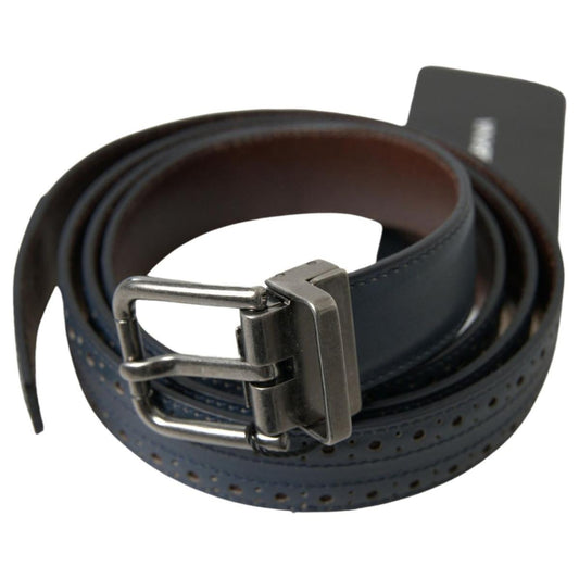 Elegant Blue Leather Belt with Metal Buckle