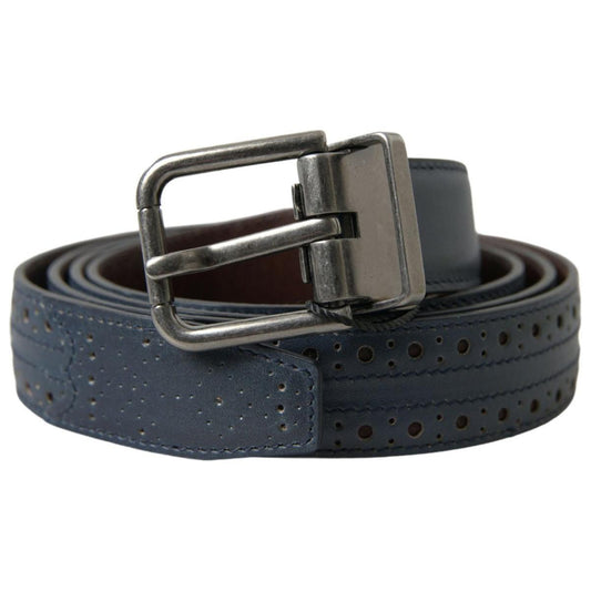 Elegant Blue Leather Belt with Metal Buckle