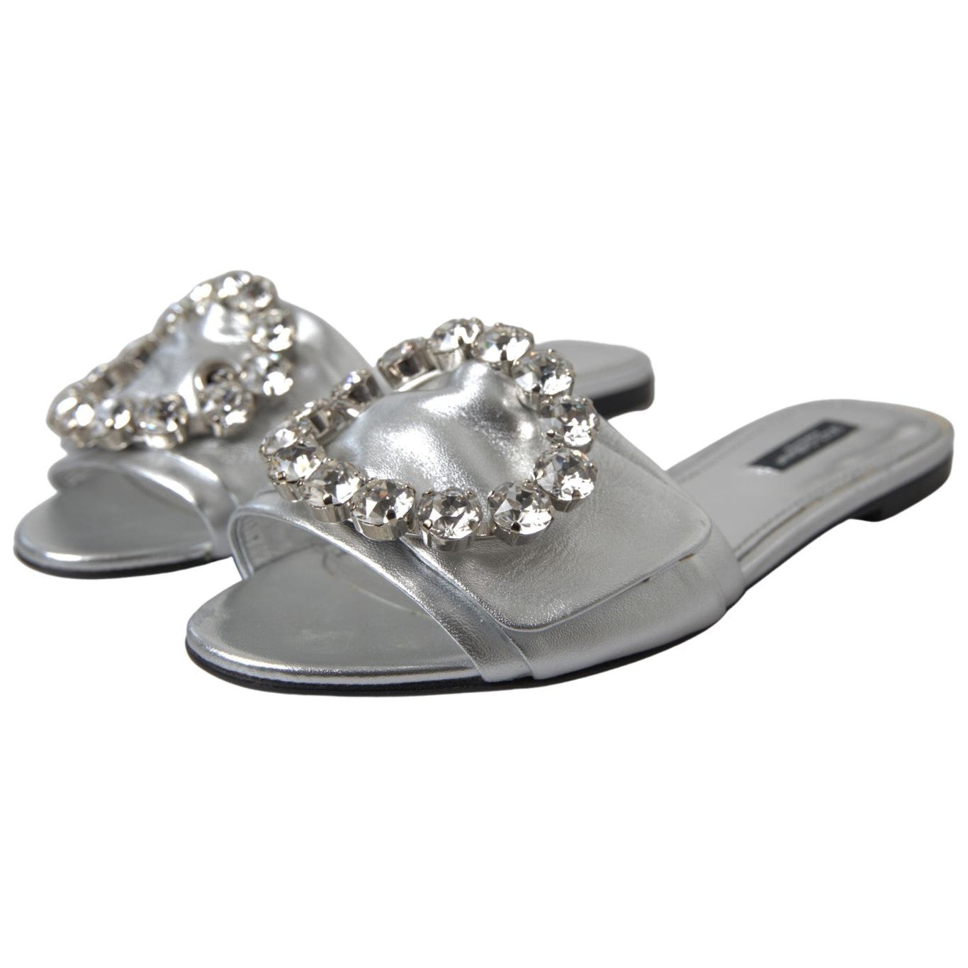 Dolce & Gabbana Crystal-Embellished Silver Leather Slides Dolce & Gabbana