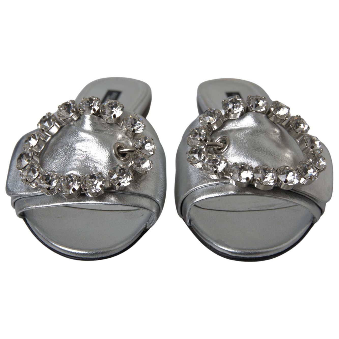 Dolce & Gabbana Crystal-Embellished Silver Leather Slides Dolce & Gabbana