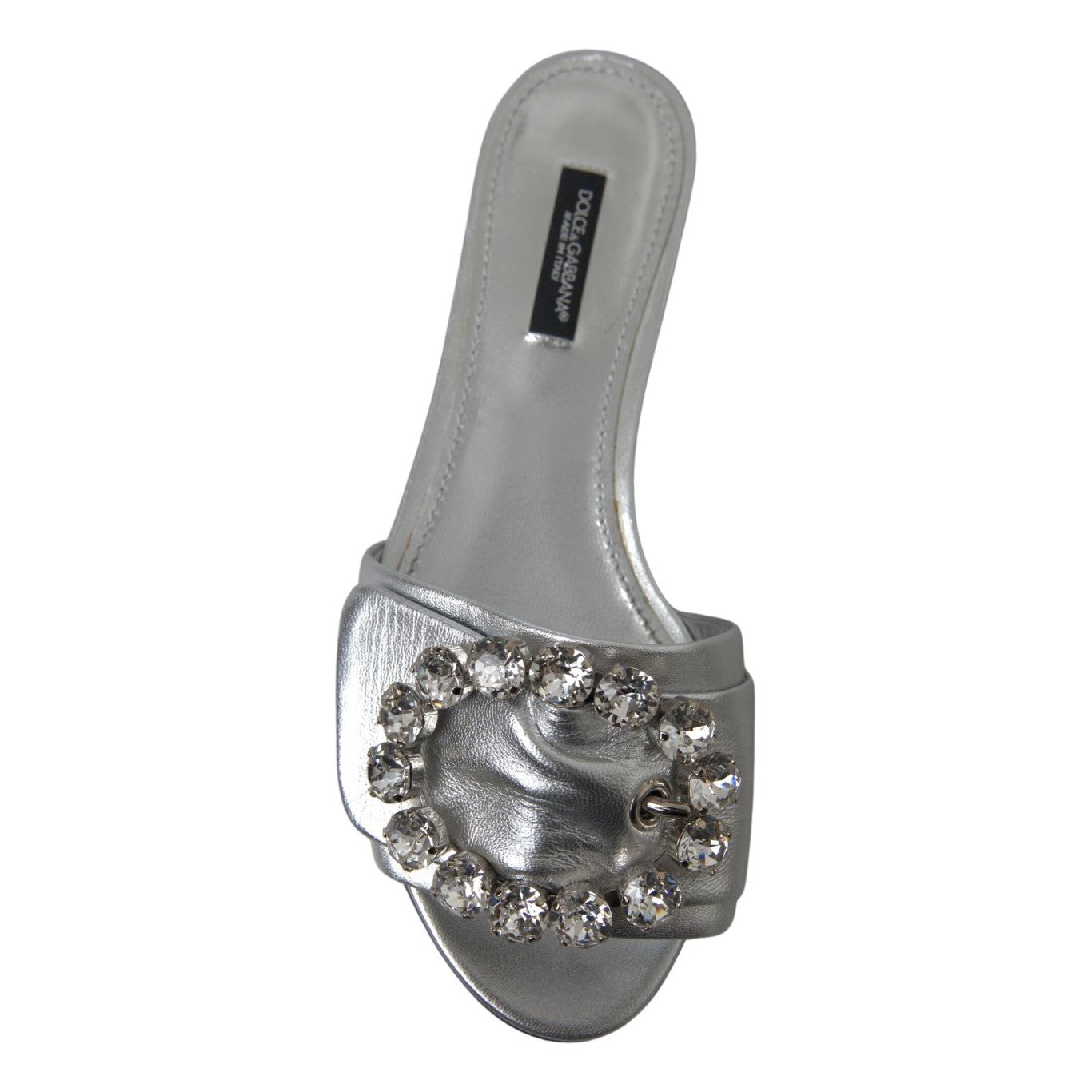 Dolce & Gabbana Crystal-Embellished Silver Leather Slides Dolce & Gabbana