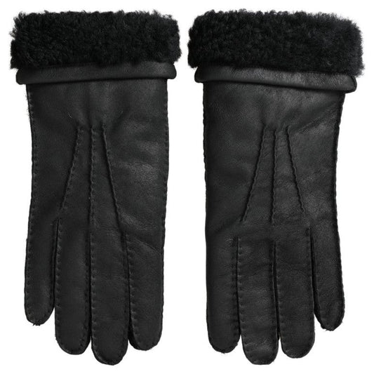 Dolce & Gabbana Black Leather Fur Short Hands Mitten Men Gloves Dolce & Gabbana