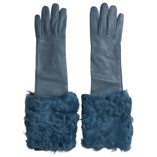 Elegant Blue Leather Gloves with Fur Trim