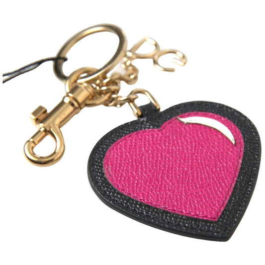 Elegant Black Leather Keychain with Fuchsia Accent