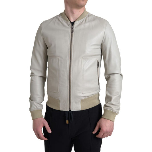 Cream Leather Bomber Jacket