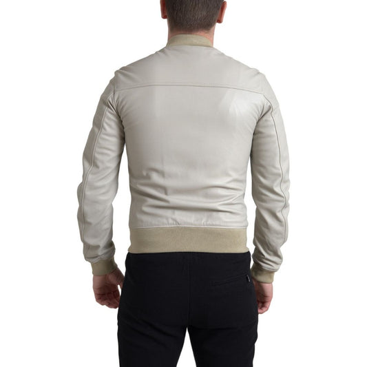 Cream Leather Bomber Jacket