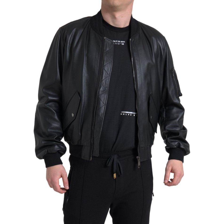 Elegant Black Leather Bomber Jacket