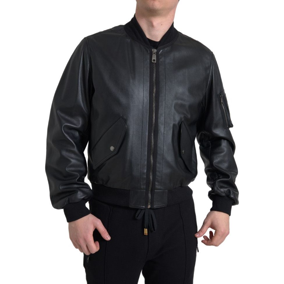 Elegant Black Leather Bomber Jacket