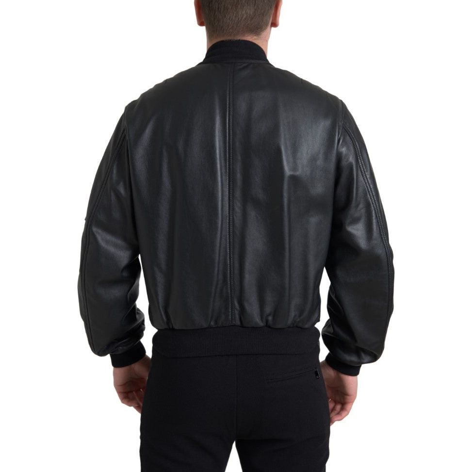 Elegant Black Leather Bomber Jacket