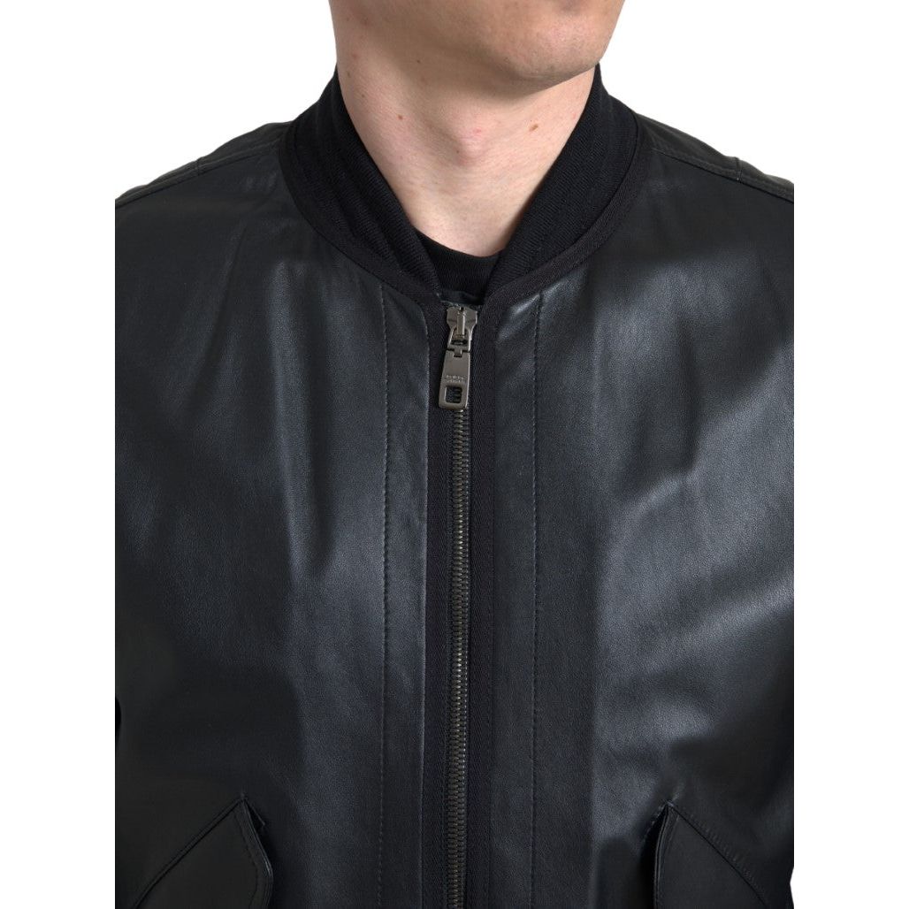 Elegant Black Leather Bomber Jacket