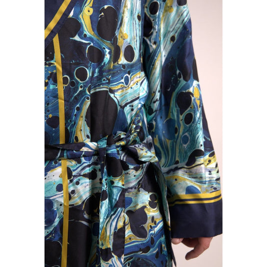 Marble Blue Silk Long Robe Luxury Sleepwear