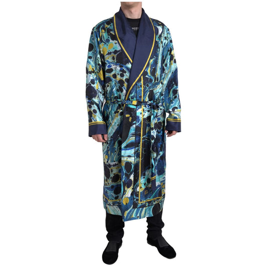 Marble Blue Silk Long Robe Luxury Sleepwear