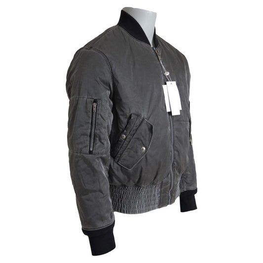 Elegant Gray Bomber Jacket Full Zip Closure