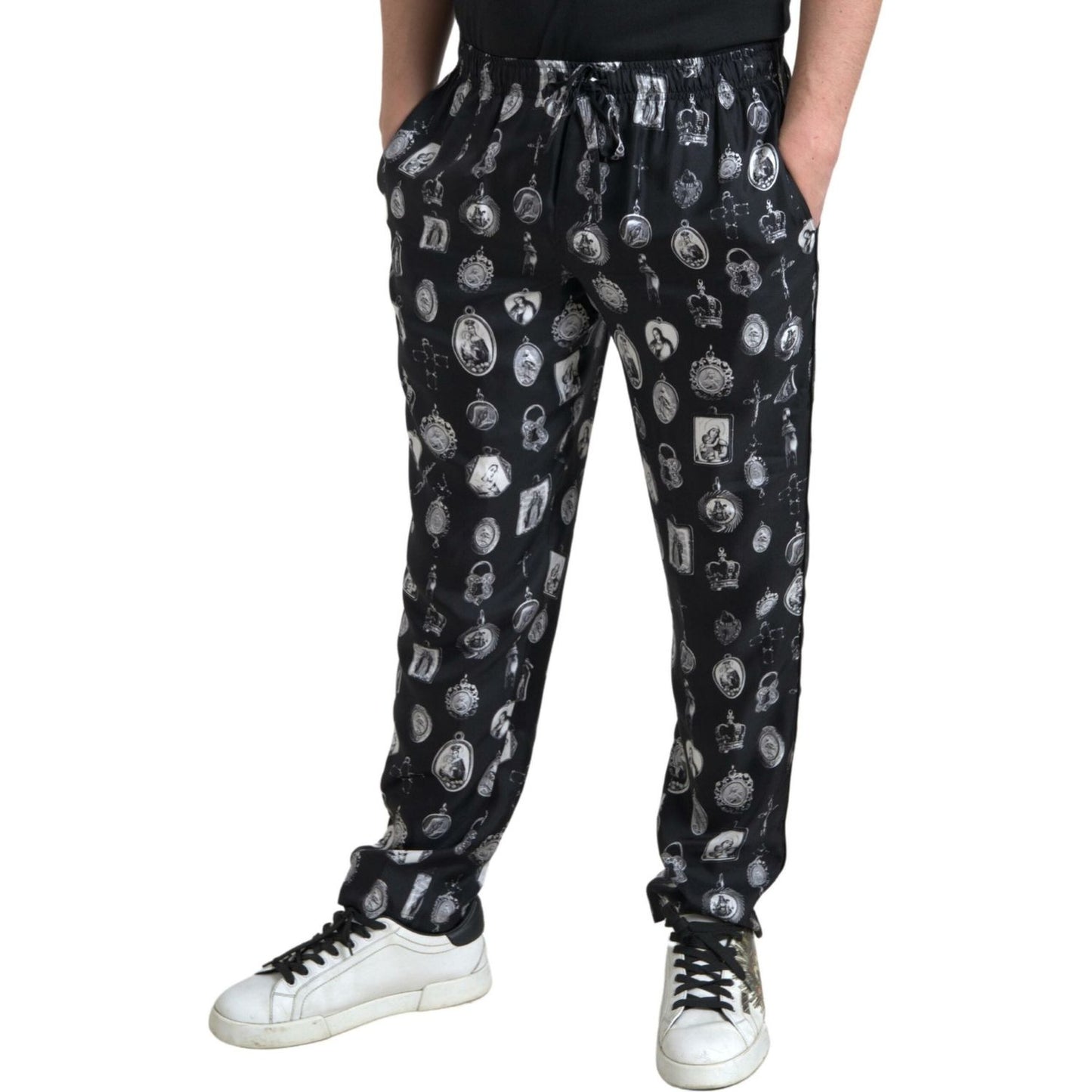 Elegant Silk Joggers with Religious Print