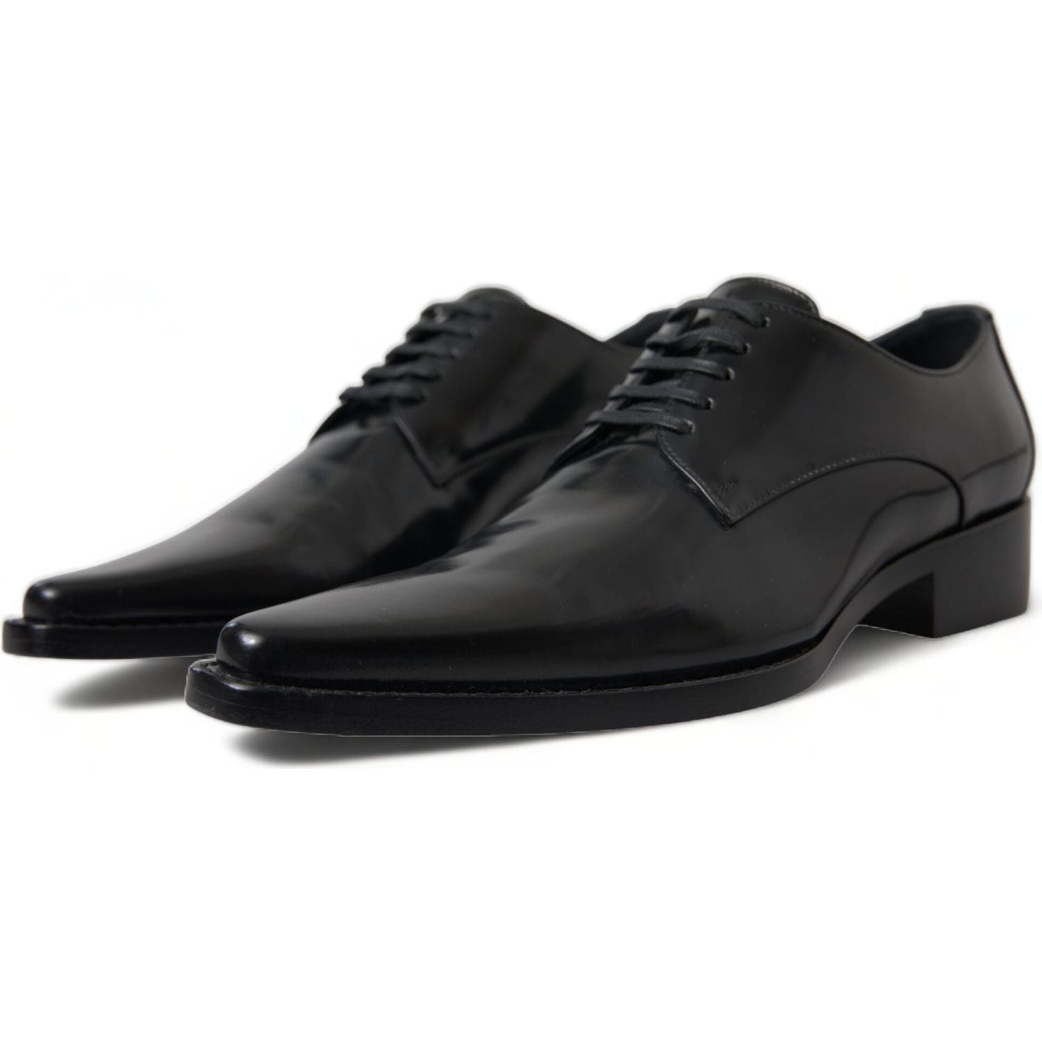 Dolce & Gabbana Black Leather Lace Up Formal Flats Shoes